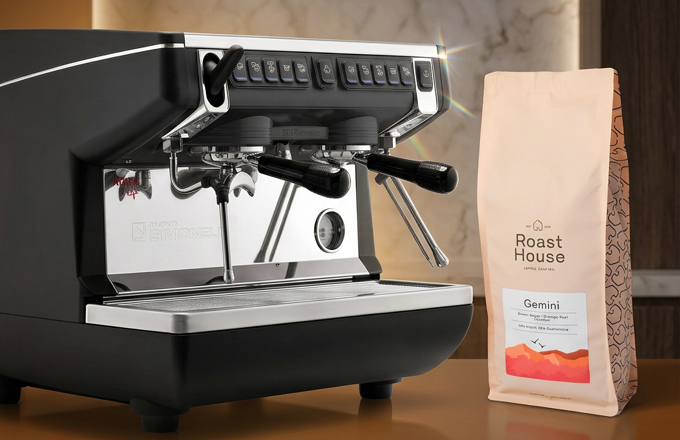 Nuova Simonelli Appia Life espresso machine with Roast House Gemini Coffee Beans